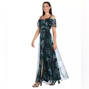 NWT R & M Richard Size 8 Elegant Organza Sheer Overlay Floral Off-Shoulder Dress